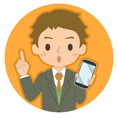 指差しポーズでスマホを持つ男性　イラスト　アイコン