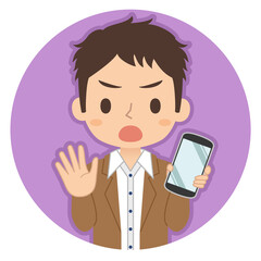 NOサインでスマホを持つ男性　イラスト　アイコン