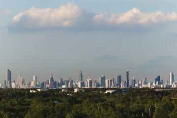 City skyscraper view, cityscape of modern city with green park, skyline horizon and  buildings, urban architecture