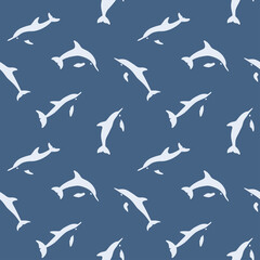 Dolphin seamless pattern. Sea life. Vector illustration in abstract style on blue background