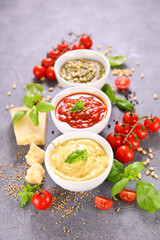 assorted of sauce- ketchup, pesto, mustard, mayonnaise