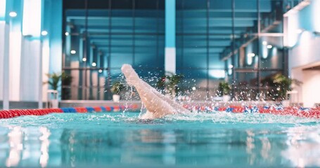 Female swimmer in the swimming pool, perform the elements of synchronized swimming, view of legs, training in the water.