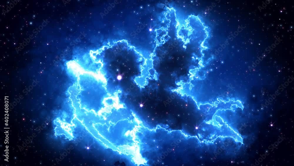 Poster abstract blue shine space journey motion view of flying cupid shape of nebula clouds in starry outer