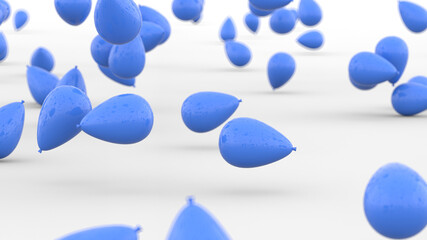 Blue air ballons flying and falling in wite paper studio. 3d render