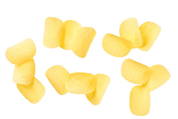 Collection of various potato chips isolated on a white background.