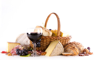 wineglass with cheese and bread isolated on white background