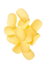 Potato chips falling isolated on white background with clipping path.