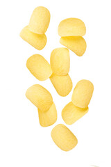 Potato chips falling isolated on white background with clipping path.