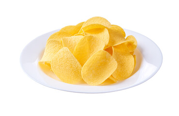 crispy potato chips on a ceramic plate isolated on a white background.