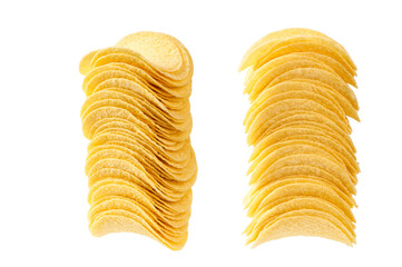 tower of crispy potato chips,  bunch of potato chips  isolated on a white background.