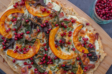 tarte flambe wirh pumpkin and pomegranate