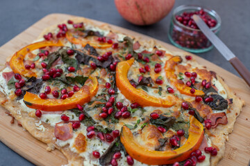 tarte flambe wirh pumpkin and pomegranate