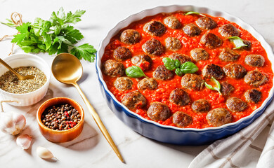 Italian meatballs in marinara sauce, top view