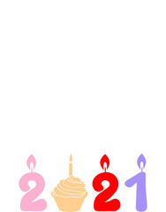 Happy new year wishes greeting card abstract background with colorful candles and cupcake decorative pattern, graphic design illustration wallpaper