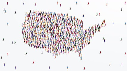 USA or America Map. Large group of people form to create a shape of United States of America Map. 4K Animation Video.
