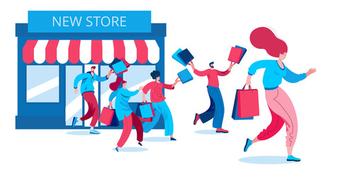 Happy people come out with purchases from an online store. Concept of a vector illustration in a flat style on the theme of opening a store.