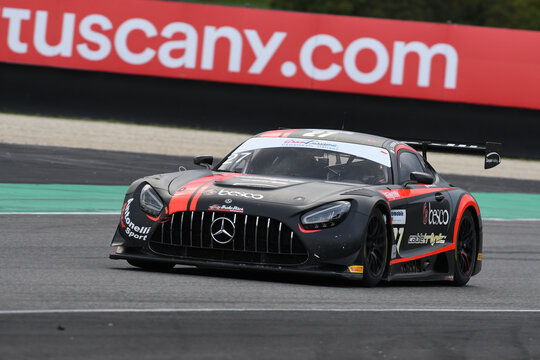 Mugello Circuit, Italy - October 2, 2020: Mercedes AMG GT3 of Team AKM Motorsport driven by Ferrari Lorenzo - Spinelli Loris in action during Qualifyng session of Italian Championship GT.