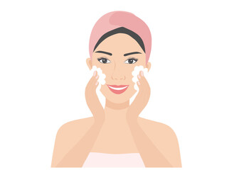Young woman cleaning face with a foam treatment  Skin care, facial treatment, beauty spa concept vector illustration.