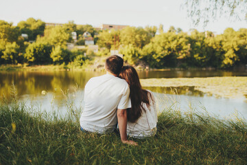 Lovely couple outdoor has romantic photo session