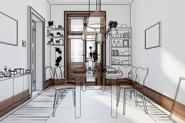 Modern Dinning Room Inside a Fresh Renovated Building (illustration) - 3d visualization
