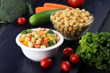 Homemade spicy vegetarian stew with chickpeas and vegetables healthy vegetarian vegan diet protein organic food dish
