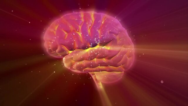 Glowing human brain with particles energy and rays of light . 3d animation rendering