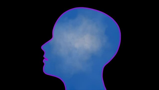 Brain fog clouds in brain. Silhouette of human head with mist 3d animation rendering 