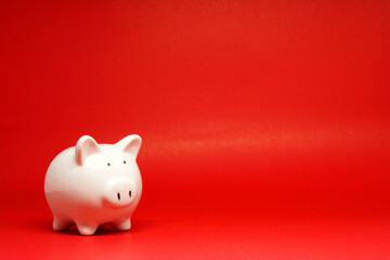 White Piggy bank isolated on red background with copy space for text message - Fund , Investment , Saving money - Red concept of Banking and Stable financial concept 