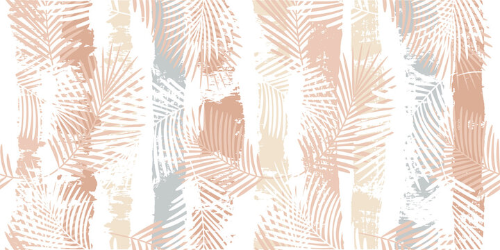 Tropical pattern, palm leaves seamless vector floral background. Exotic plant on beige stripes print illustration. Summer nature jungle print. Leaves of palm tree on paint lines. ink brush strokes