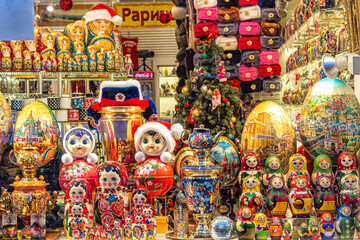 Showcase of a souvenir shop with traditional Russian souvenirs