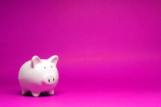 White Piggy bank on pink background with copy space for text message - Fund , Investment , Saving money - pink pattern of Banking and Stable financial concept 
