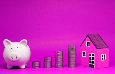 Fund , Investment , Saving money concept : White Piggy bank coin and House on purple background...
