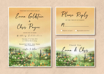Watercolor Wedding Invitation Card with Sunrise in the Grass Field