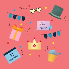 set icon flat design of new year and birthday party theme