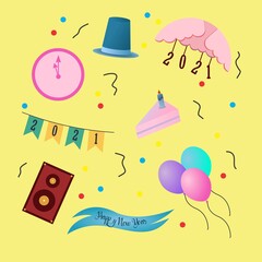 set icon flat design of new year and birthday party theme