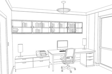 3d illustration of a home-office work area in hidden line style. Working room in a flat with a big window by the side. Monochrome scene looking from left corner.