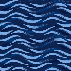 Seamless Wave Pattern, Hand drawn water sea modern vector background. Wavy beach brush stroke, curly grunge paint lines, watercolor illustration