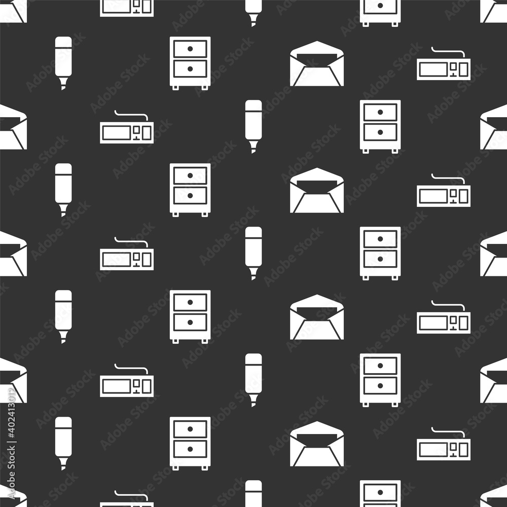 Poster set envelope, keyboard, marker pen and drawer with documents on seamless pattern. vector.