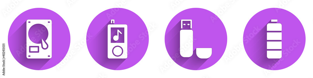 Poster set hard disk drive hdd, music player, usb flash drive and battery charge level indicator icon with 