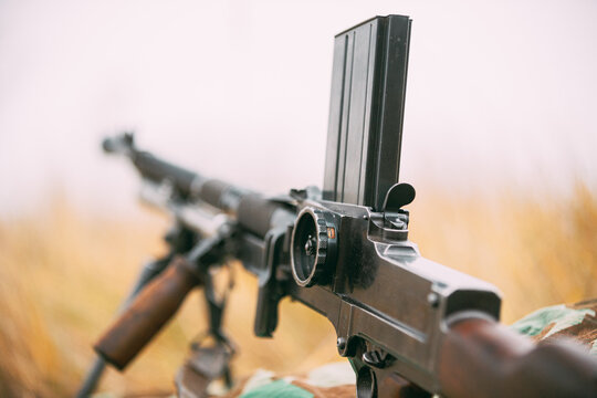 German Wehrmacht Infantry Soldier's Military Weapon Of World War II. The Zb-30 Czechoslovakian Light Machine Gun On Ground