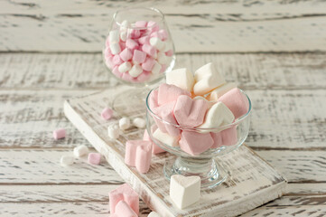 Marshmallow. Close-up of Marshmallows colorful chewy candies closeup. Sweet food dessert.