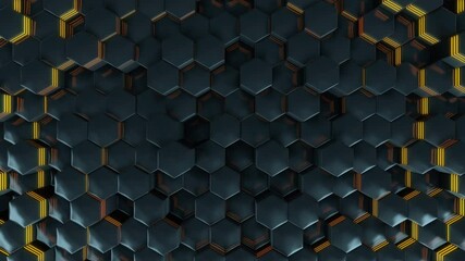 Dark industrial abstract background with hexagon polygons and technology cells. Futuristic sci-fi frame for your cyber titles sequence. For sites, own video channels and vlogs, seamless 3d animation.