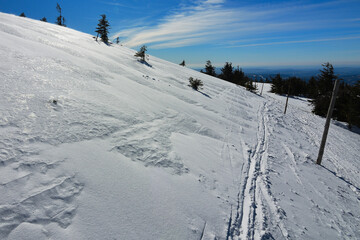 Cross country skiing trail. Panoramic view of beautiful winter landscape in the North of Bohemia