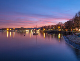 Fototapeta premium magical sunset on Lake Maggiore with colorful reflections.Arona,Piedmont.italian lakes,Italy.