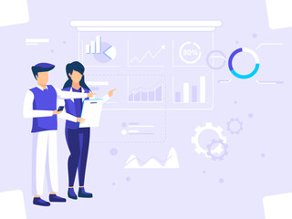 Digital graphic concept. Office workers summarize the company's annual data chart. used for web, posters, flyers. modern flat vector illustration.