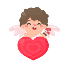 A cupik holding a wooden bow and heart-shaped darts for Valentine's Day firing.