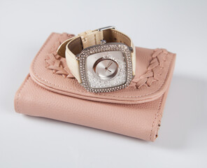 Women's wallet and watch on a white background.