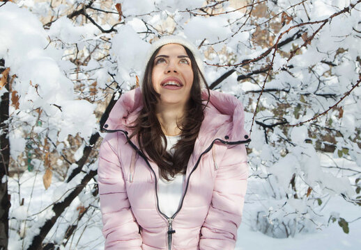 Outdoor picture of a caucasian woman winter background. Winter day.
