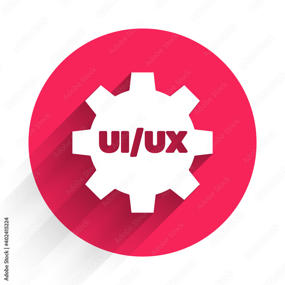 Poster White UI or UX design icon isolated with long shadow. Red circle button. Vector.