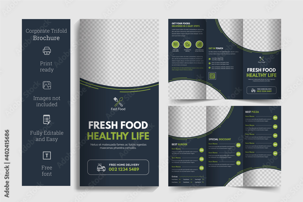 Wall mural modern food tri-fold healthy food delivery brochure and menu design template